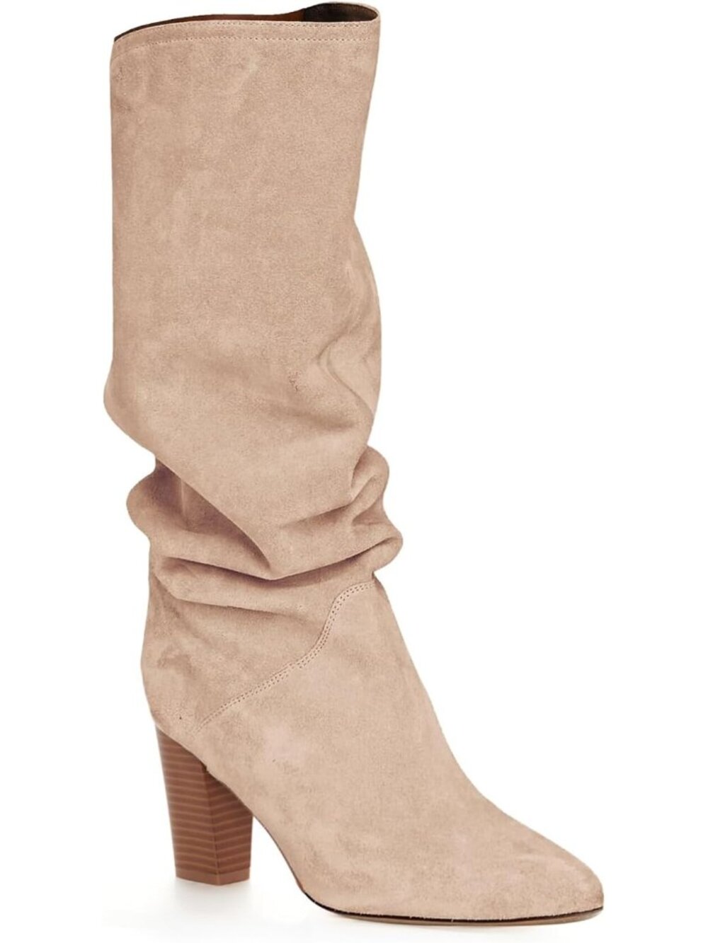 Women's Nude Slouchy Knee High Boots Wide Calf Kitten Heel Pointed Toe Pull On
